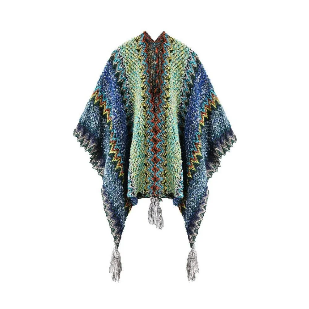 Oversized Knit Poncho Cape Shawl Wrap Cardigan Fringe Bohemian
